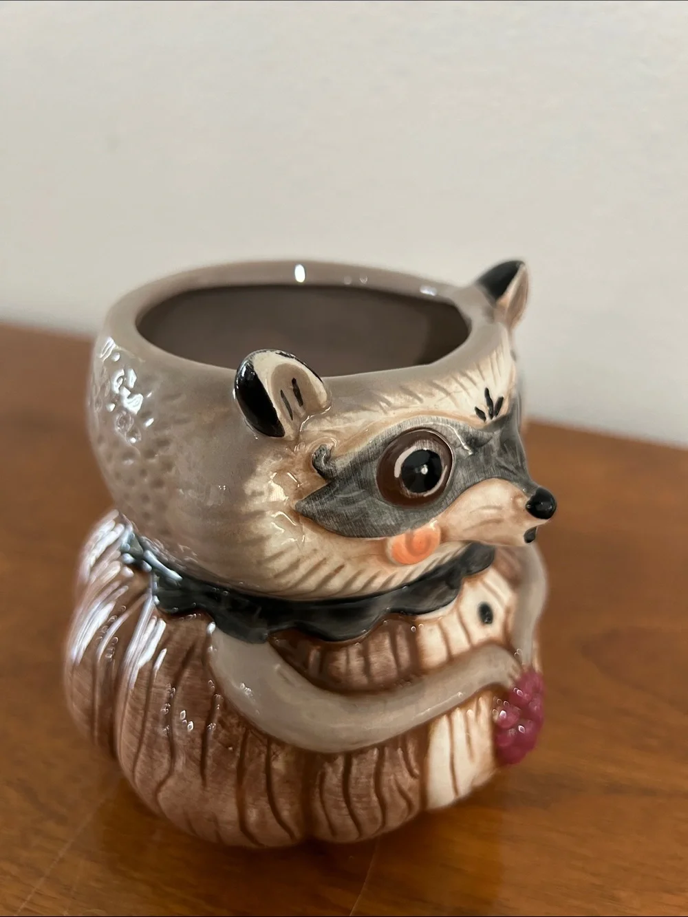 Johanna Parker Fall Handcrafted Brown Raccoon Ceramic Mug with Berry Accent